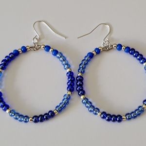 Blue Luster Seed Bead with Silver Beaded Hoop Earrings, Blue Seed Bead Earrings